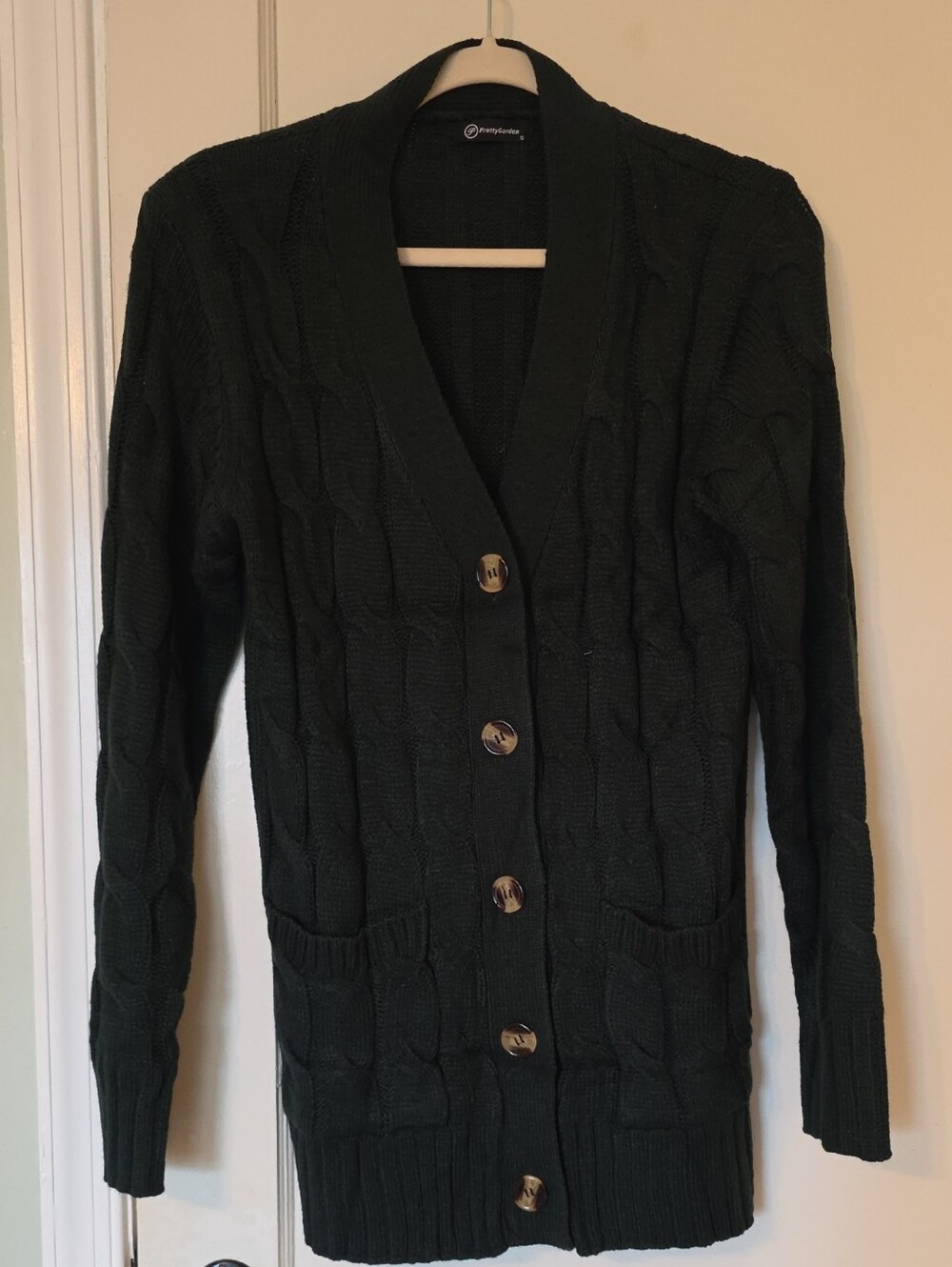 Long Cable Knit Button-Front Cardigan Sweater - Dark Green